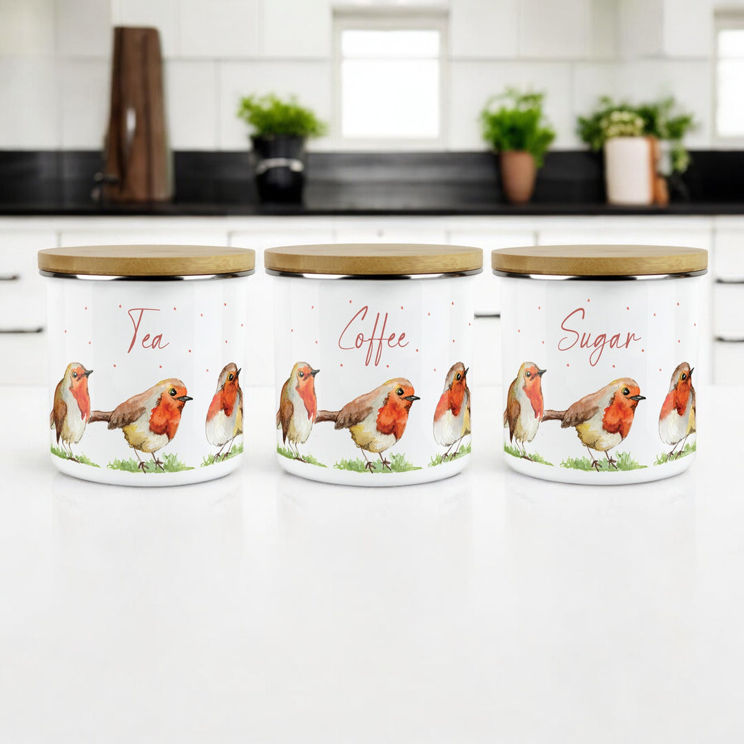 Purely Home English Robins Enamel Tea, Coffee & Sugar Canister Sets