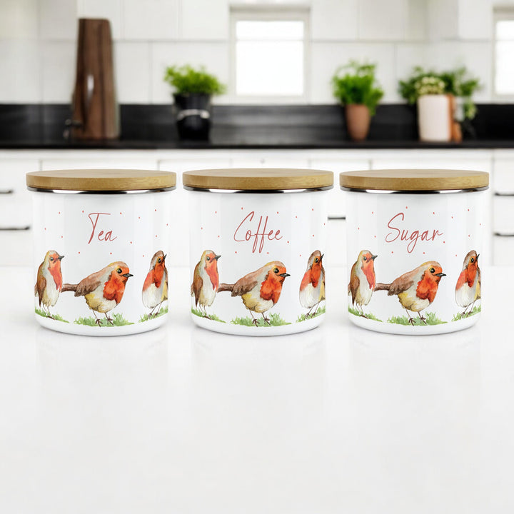 Purely Home English Robins Enamel Tea, Coffee & Sugar Canister Sets