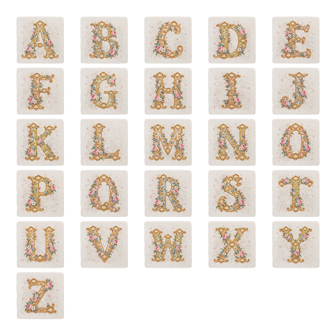 Purely Home Ornate Floral Initial Marble Coaster Gift Box Set