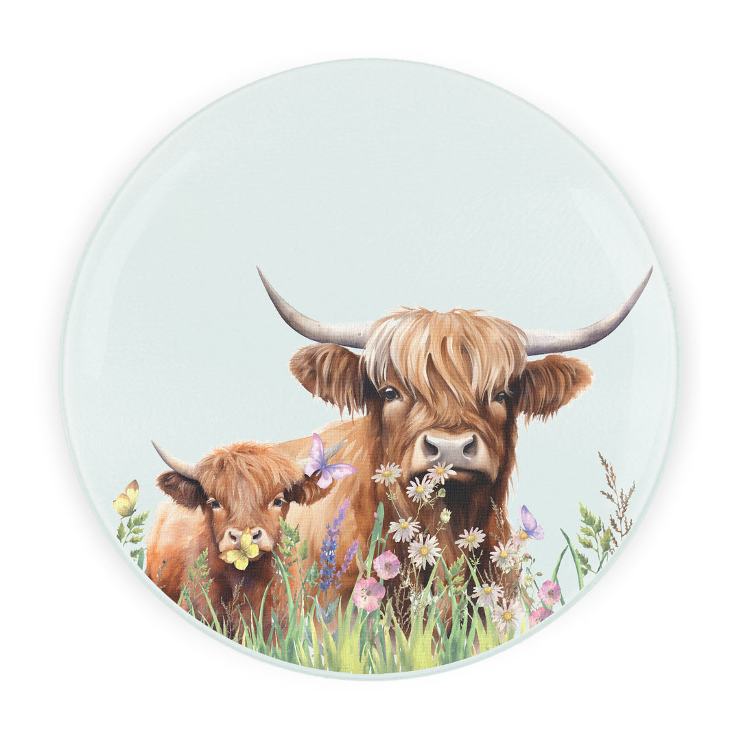 Purely Home Highland Cow & Calf Round Glass Worktop Protector