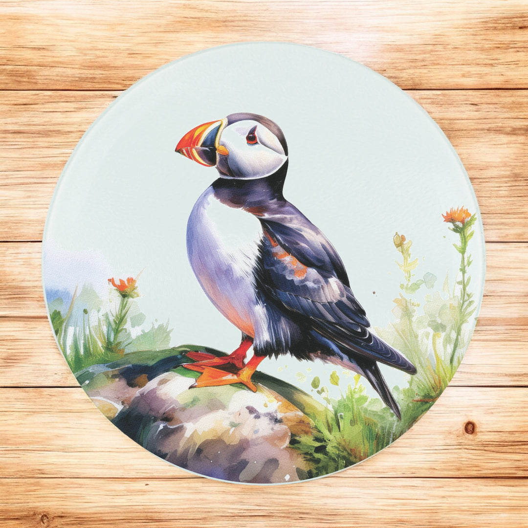 Purely Home Seaside Puffin Round Glass Worktop Protector