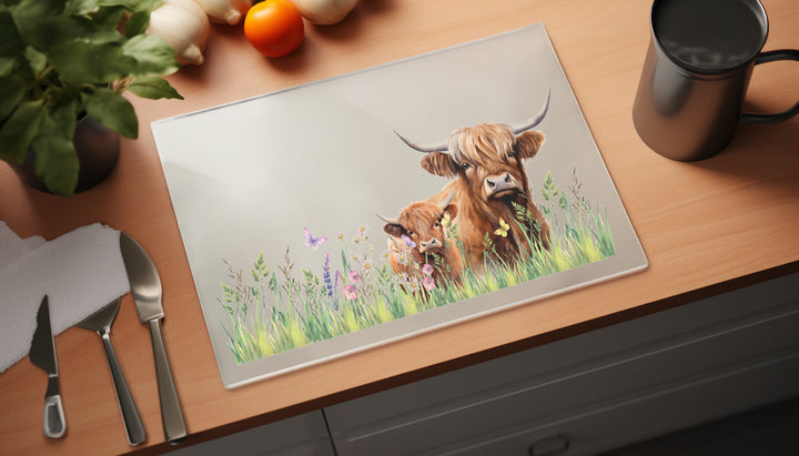 Purely Home Highland Cow & Calf Glass Worktop Protector
