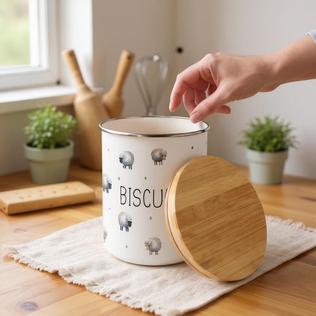 Purely Home Spring Sheep Enamel Biscuit Canister