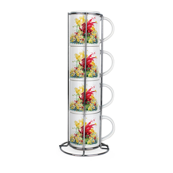 Purely Home Floral Welsh Dragon Stacking Mugs Set