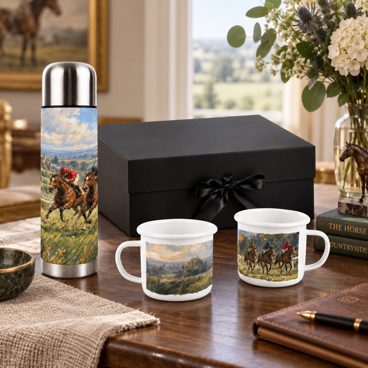 Purely Home Countryside Horse Racing Flask & Enamel Mug Gift Box Set