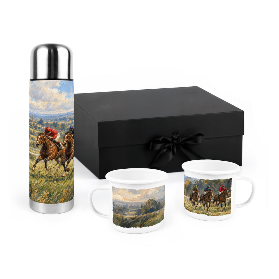 Purely Home Countryside Horse Racing Flask & Enamel Mug Gift Box Set