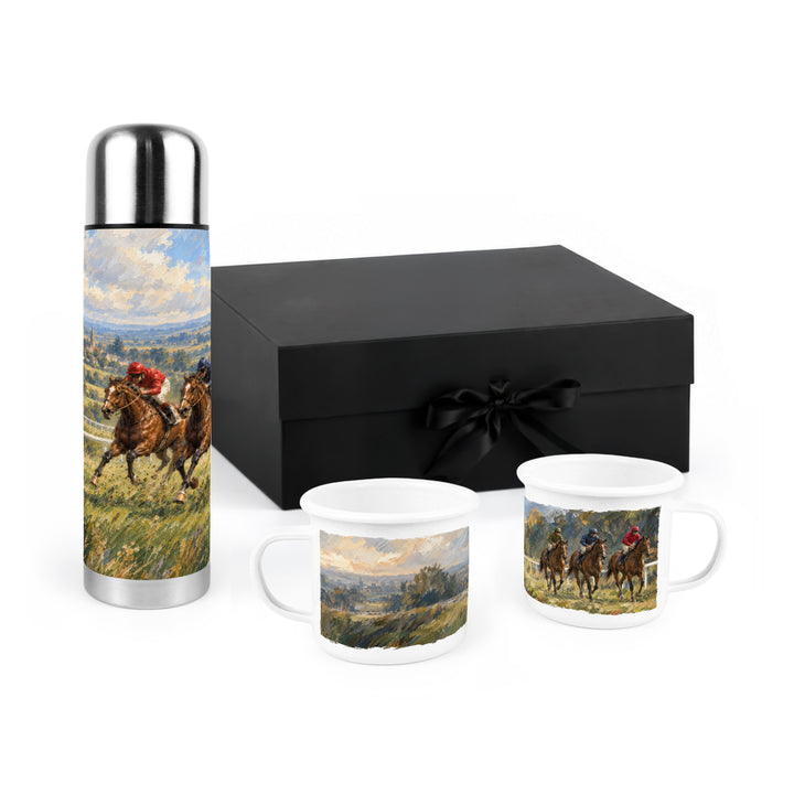 Purely Home Countryside Horse Racing Flask & Enamel Mug Gift Box Set