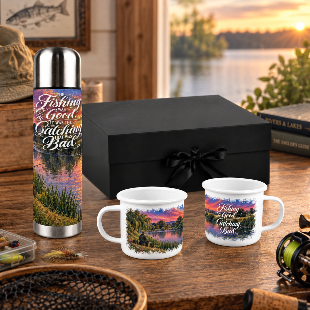 Purely Home River Fishing Flask & Enamel Mug Gift Box Set