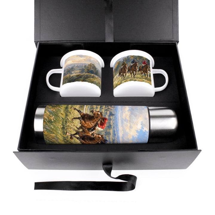 Purely Home Countryside Horse Racing Flask & Enamel Mug Gift Box Set