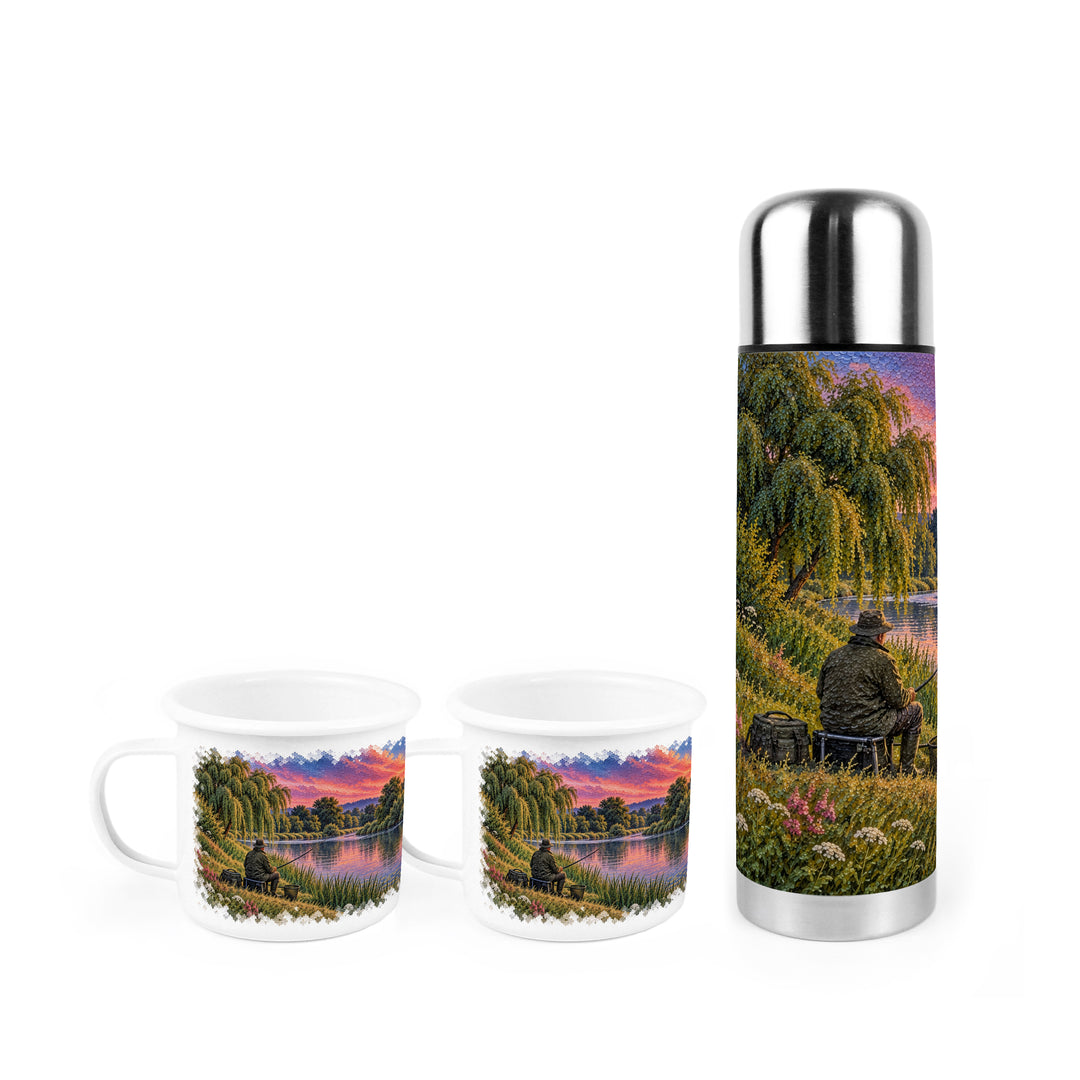 Purely Home River Fishing Flask & Enamel Mug Gift Box Set