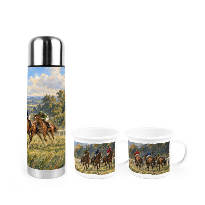 Purely Home Countryside Horse Racing Flask & Enamel Mug Gift Box Set