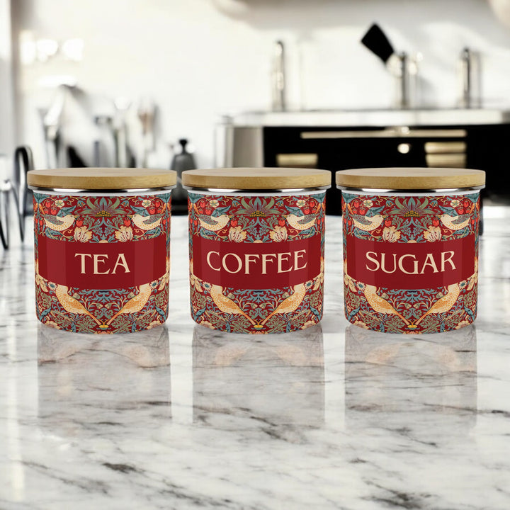 Purely Home Strawberry Thief Enamel Tea, Coffee & Sugar Canister Sets - Red