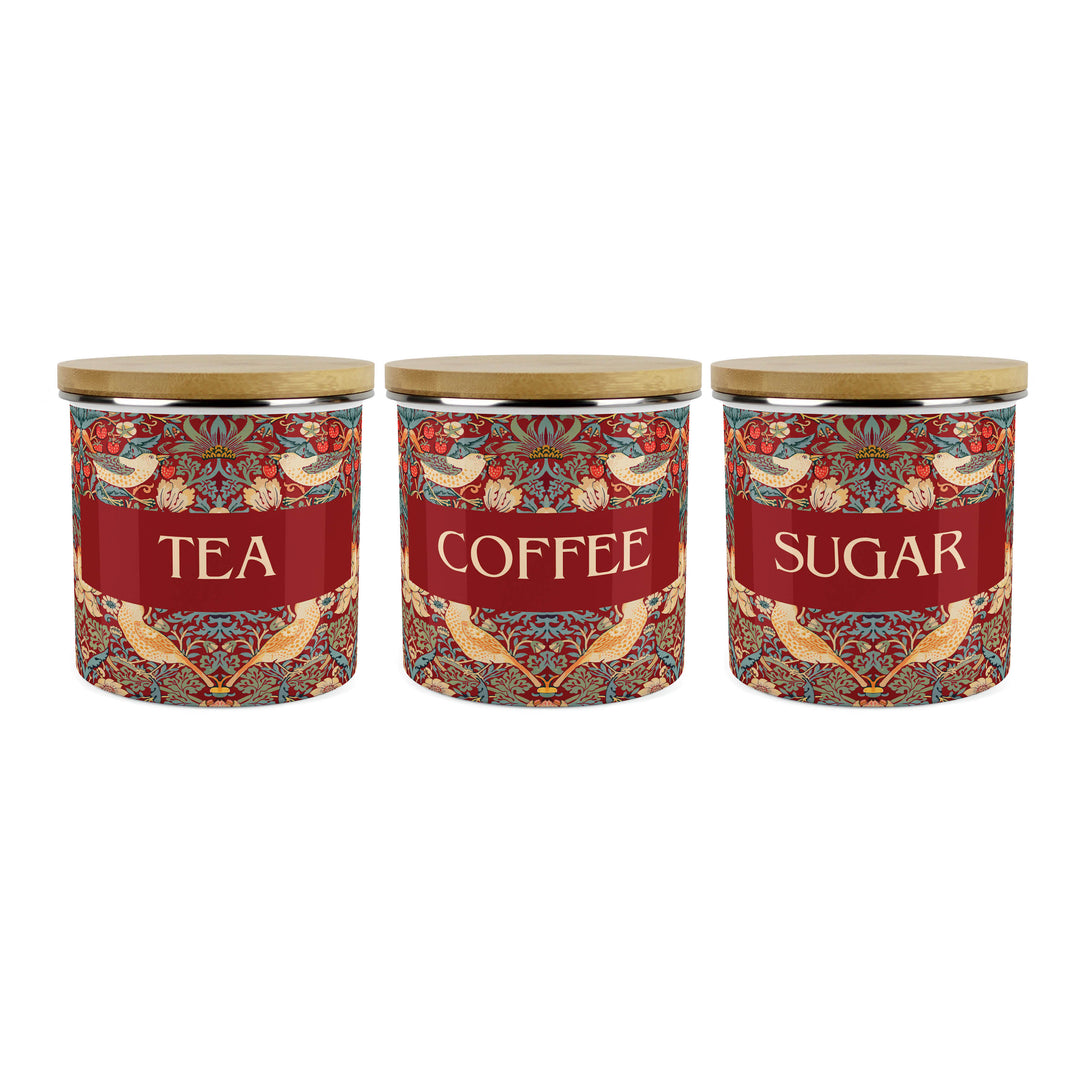 Purely Home Strawberry Thief Enamel Tea, Coffee & Sugar Canister Sets - Red