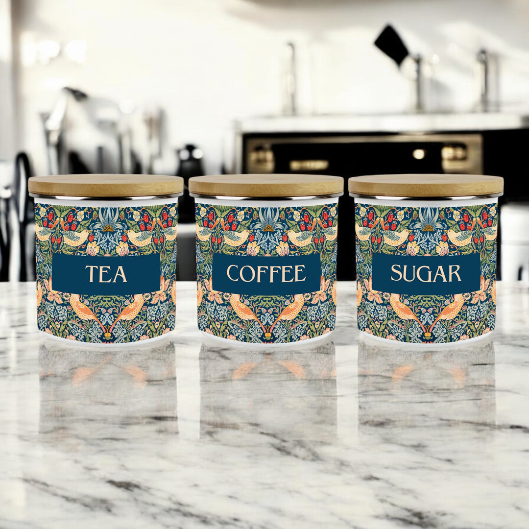 Purely Home Strawberry Thief Enamel Tea, Coffee & Sugar Canister Sets - Blue