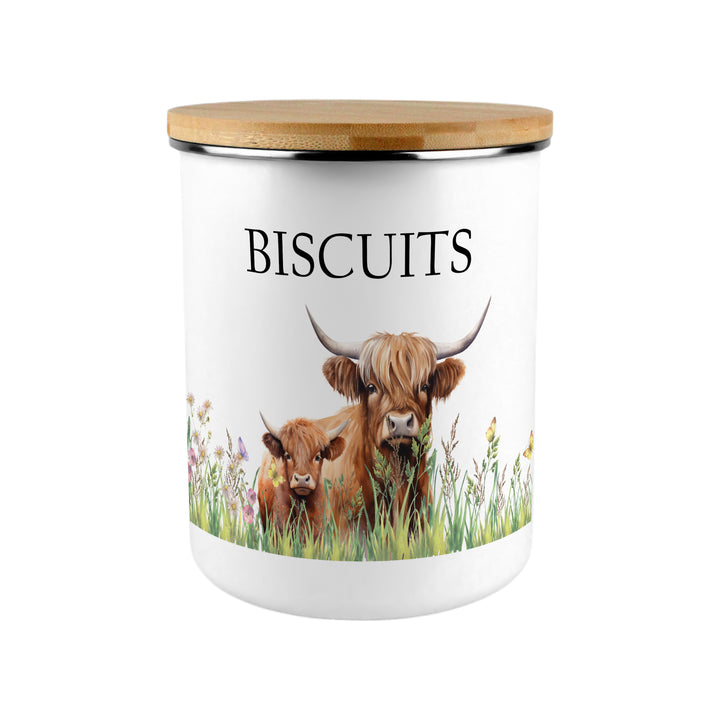 Purely Home Highland Cow & Calf Enamel Biscuit Canister