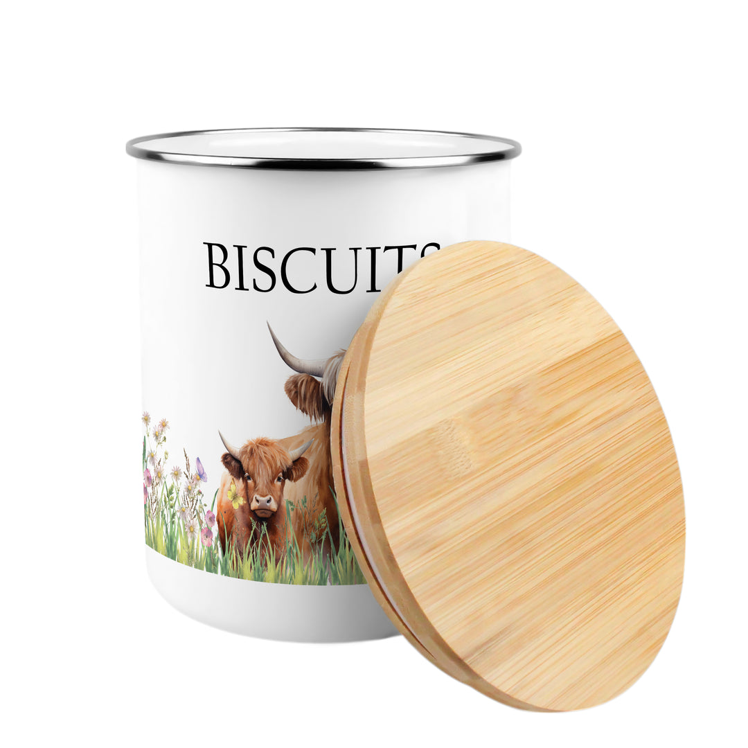 Purely Home Highland Cow & Calf Enamel Biscuit Canister