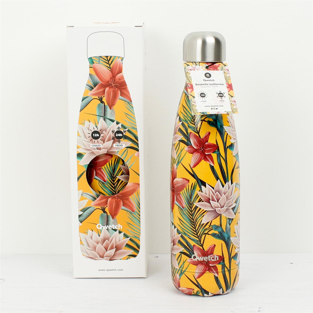 Qwetch Insulated Stainless Steel Bottle - Tropical Yellow Flowers - 500ml