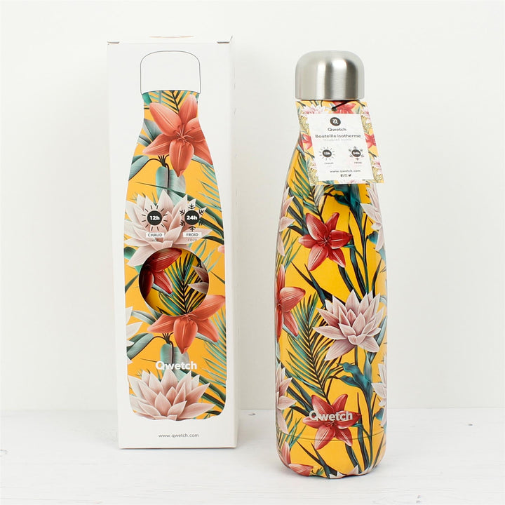 Qwetch Insulated Stainless Steel Bottle - Tropical Yellow Flowers - 500ml