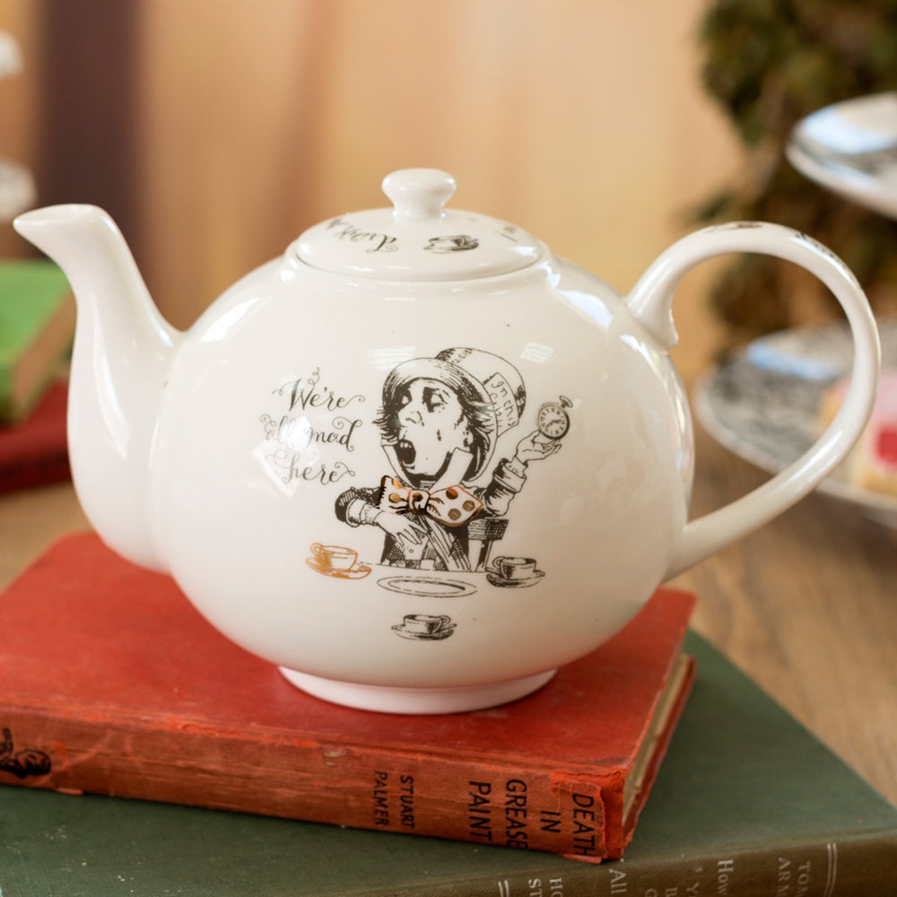 fine china large teapot with mad hatter illustrations