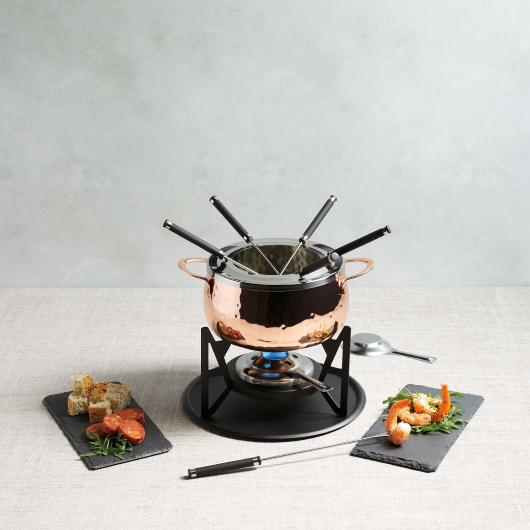 copper fondue set with dipping forks