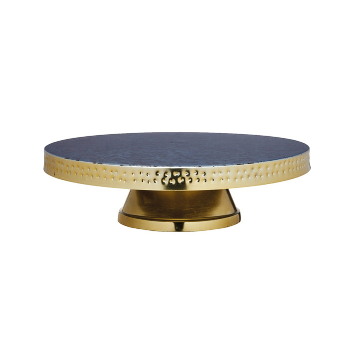 a brass metal cake stand with a blue galvanised top