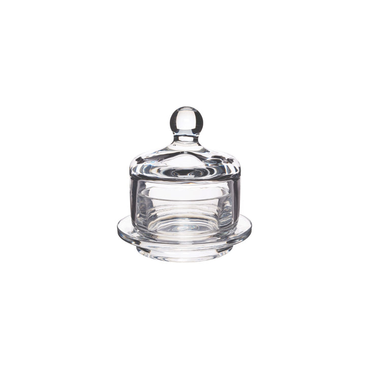 Miniature glass butter serving dish and lid, presented in a navy blue gift box.