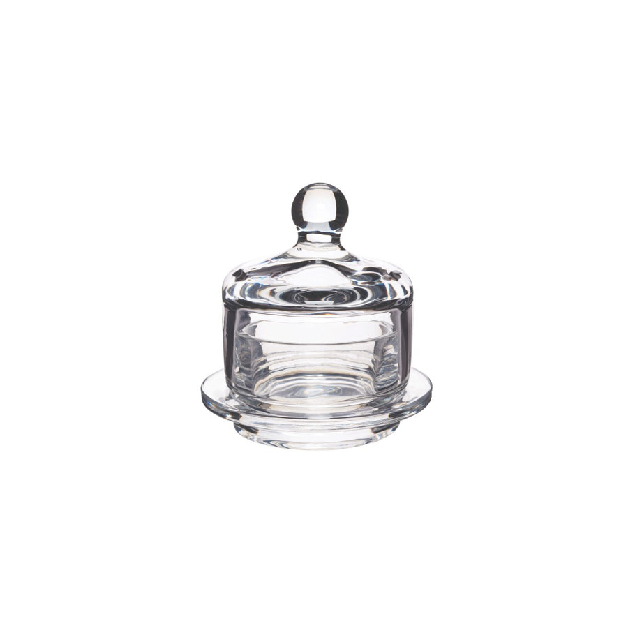Miniature glass butter serving dish and lid, presented in a navy blue gift box.