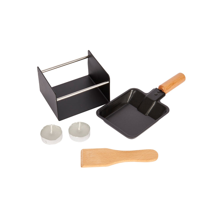 Iron and beech wood pan for melting small amounts of cheese