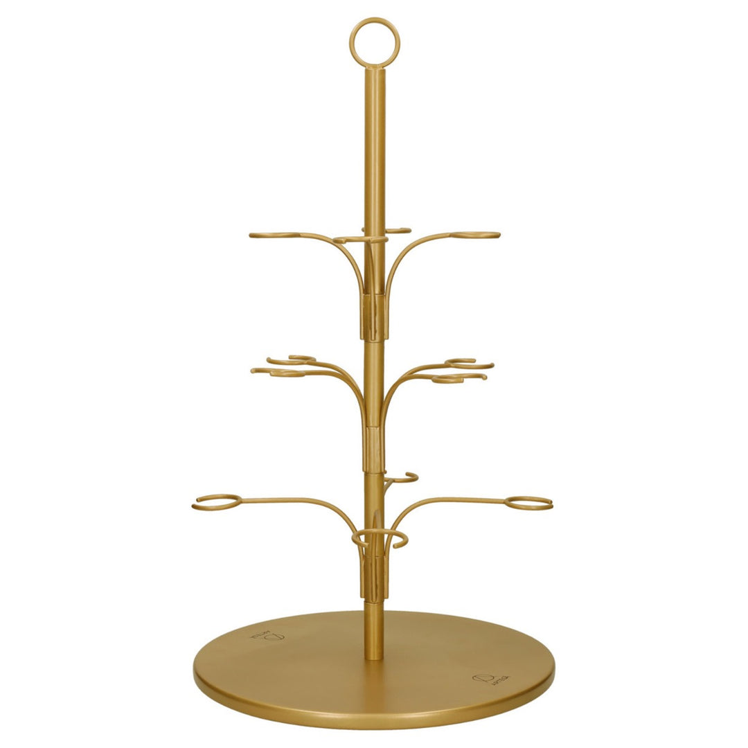 Gold powder-coated iron serving stand, shaped like a tree. Designed for serving drinks glasses or sweet treats.