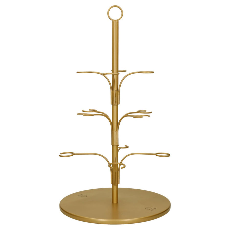 Gold powder-coated iron serving stand, shaped like a tree. Designed for serving drinks glasses or sweet treats.