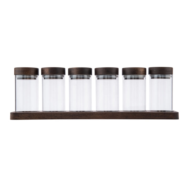 set of six small glass spice jars with acacia wood lids and display board