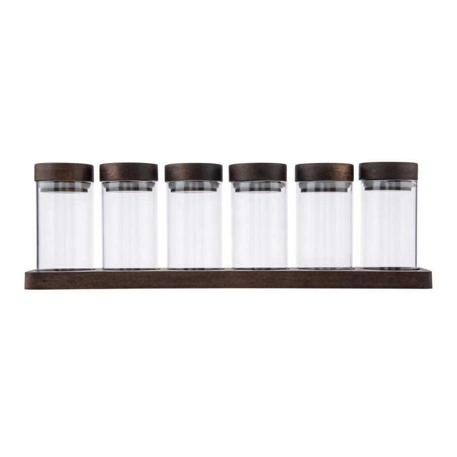 set of six small glass spice jars with acacia wood lids and display board