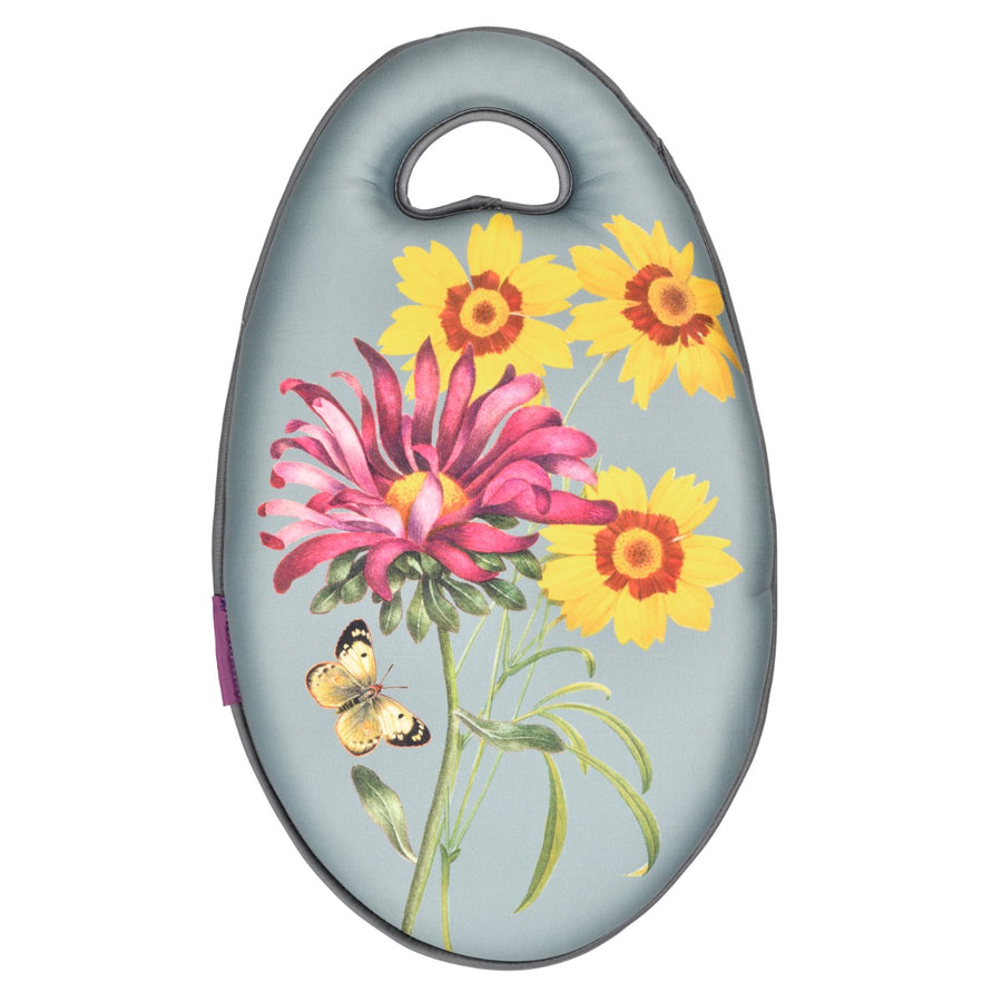 Sage green coloured Garden Kneelers & Knee Pads featuring Burgon & Ball's 'Asteraceae' bright floral design with a butterfly and yellow and pink flowers.