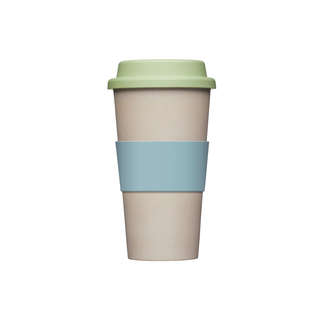Reusable travel mug for hot drinks, in beige, blue and green