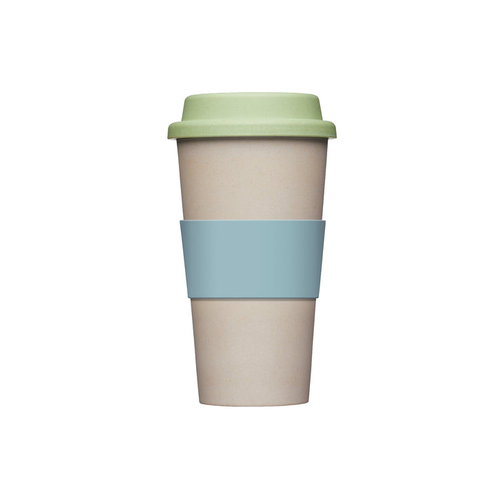 Reusable travel mug for hot drinks, in beige, blue and green