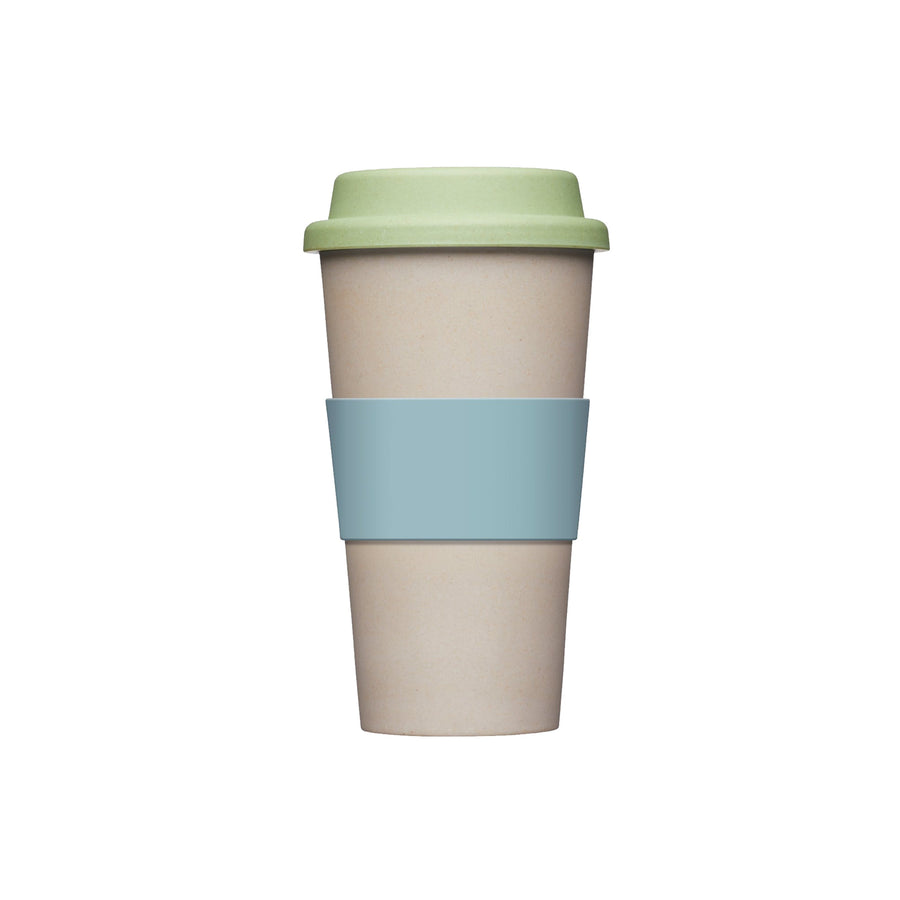 Reusable travel mug for hot drinks, in beige, blue and green