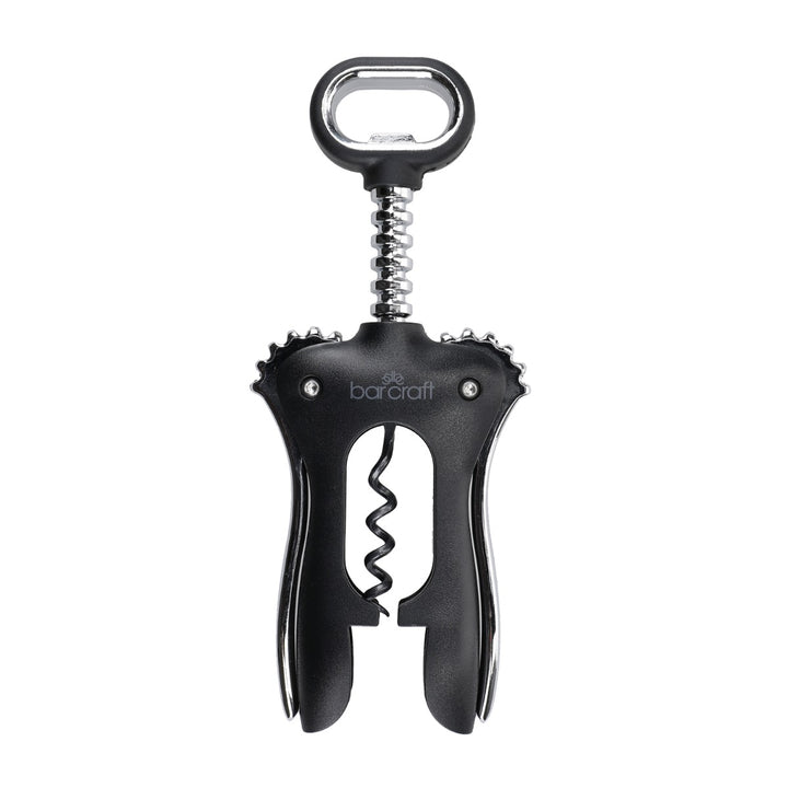black metal and plastic winged corkscrew with built in bottle opener