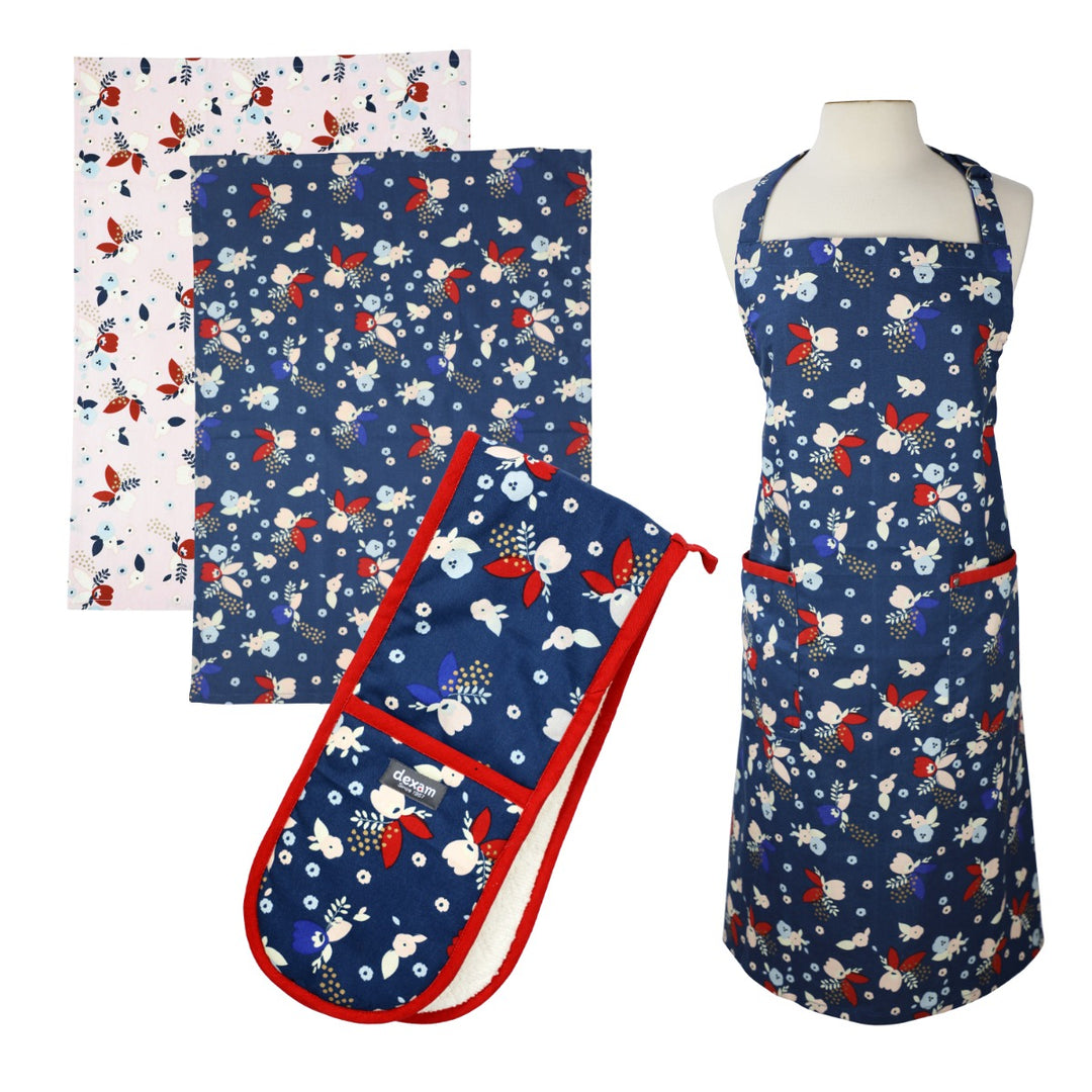 Dexam Indigo Bloom Apron, Tea Towels & Double Oven Glove Set