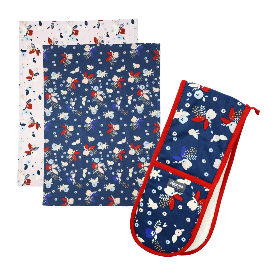 Dexam Indigo Bloom Tea Towels & Double Oven Glove Set