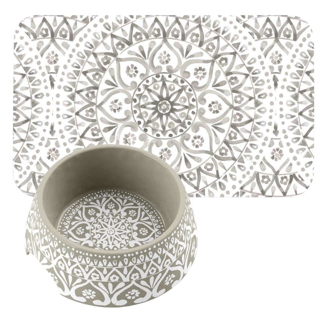 Boho Medallion Taupe Melamine Pet Bowl & Placemat Set