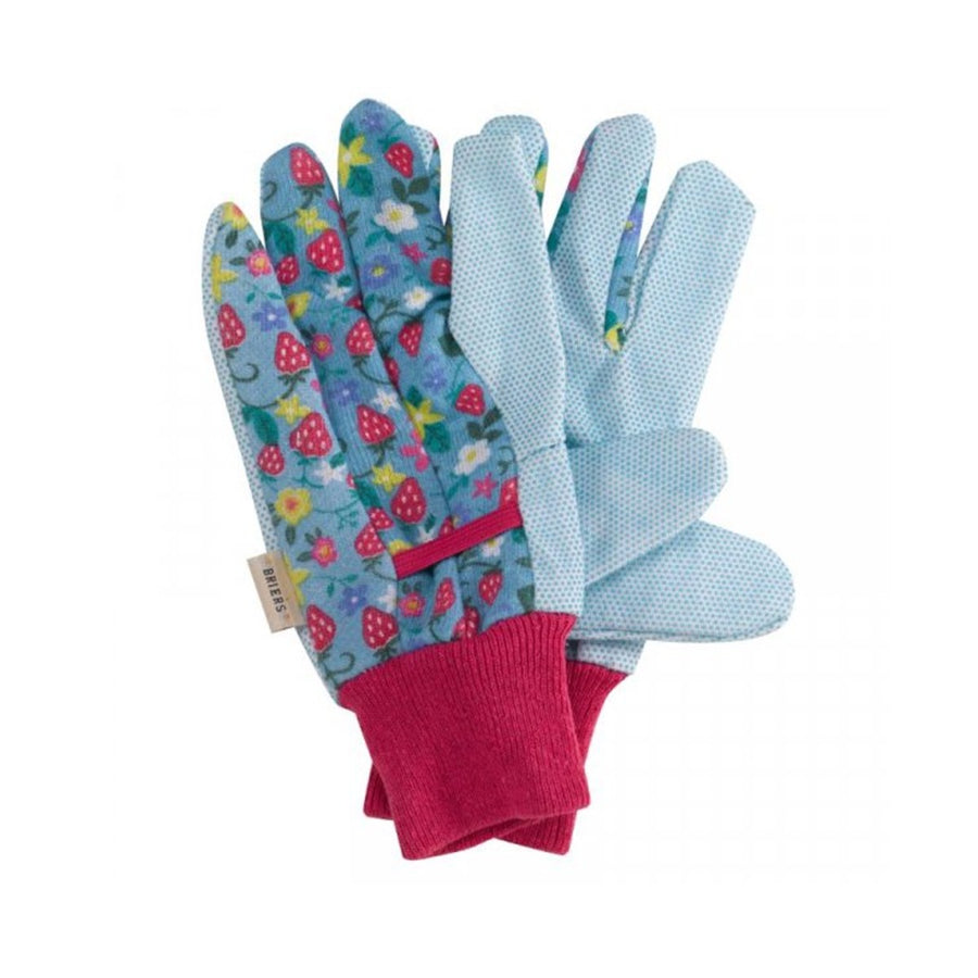 Lightweight gardening gloves featuring a summery strawberries and flowers design, with pink elasticated wrists for extra comfort and PVC dots on the palms, thumbs and index fingers for extra grip while gardening.