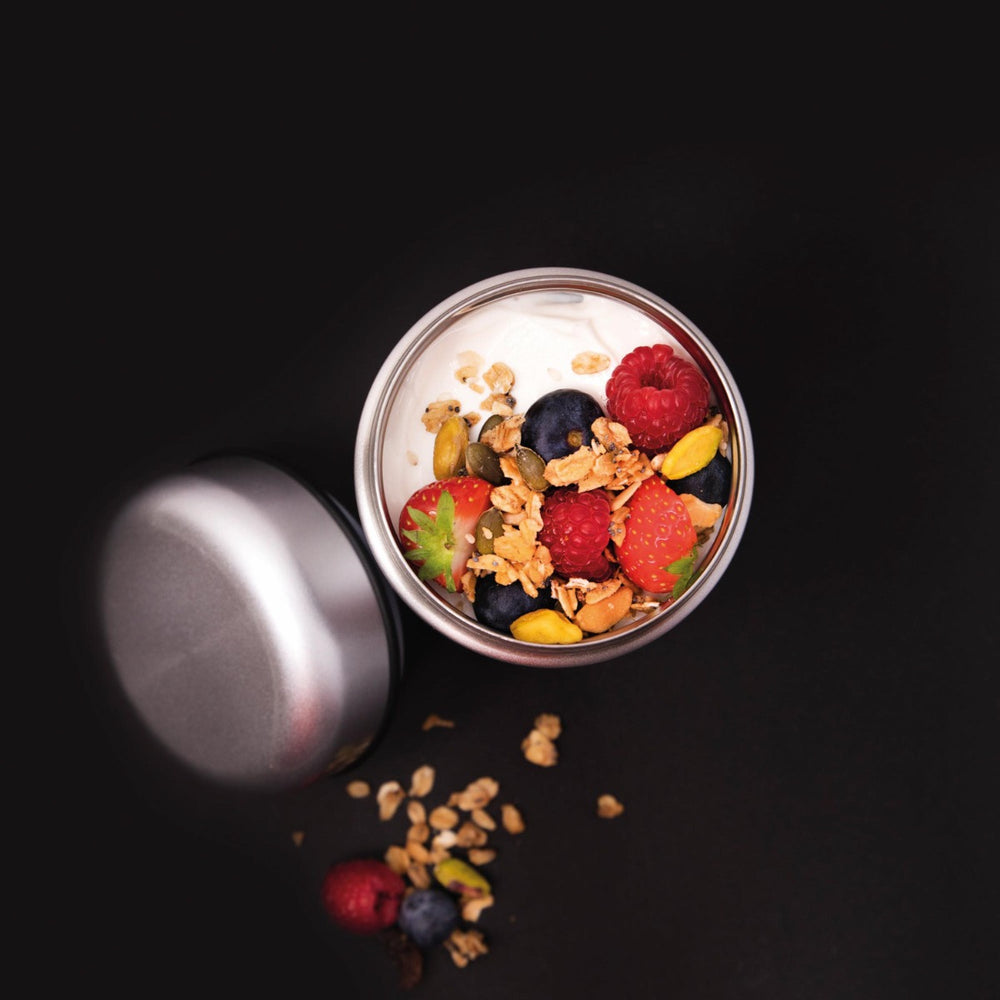 Silver & black food container with removable lid