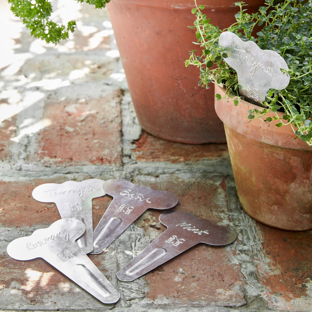 metal herb labels being used to mark plant pots