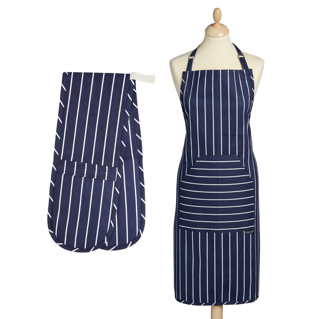 KitchenCraft Blue Butchers Stripe Apron & Double Oven Glove Set