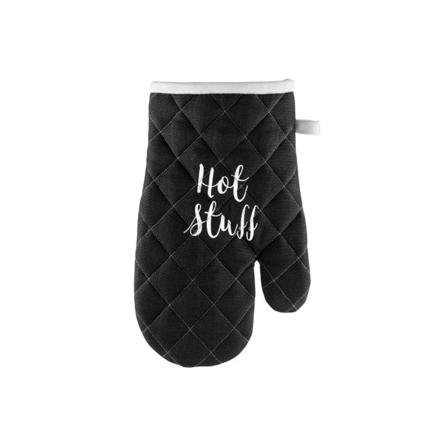 Black and white oven gauntlet with Hot Stuff text