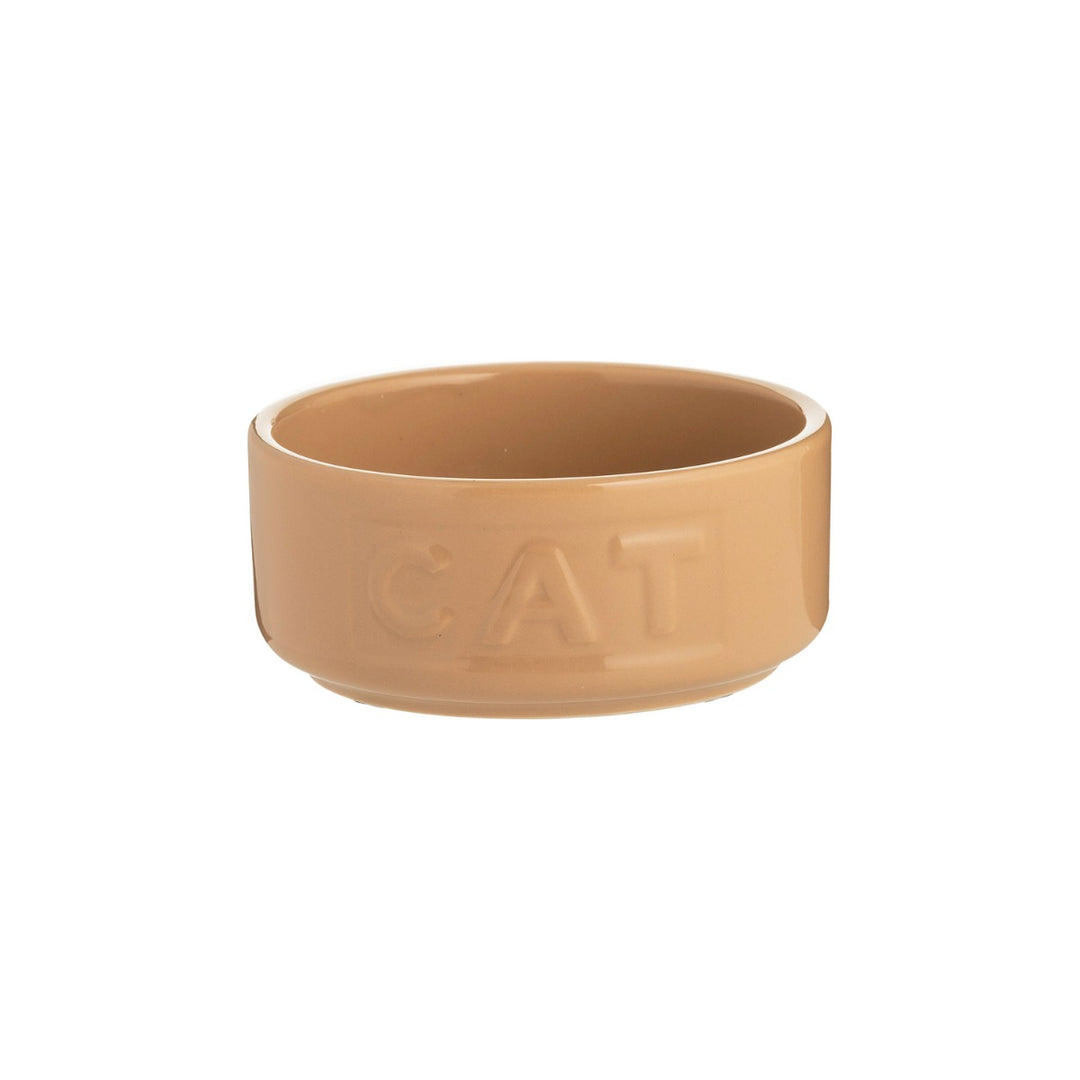 Small round stoneware cat food bowl with embossed text