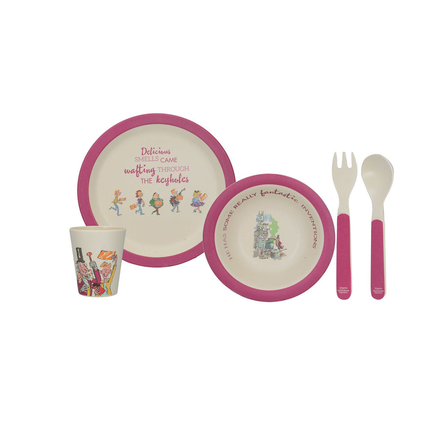 Kids bamboo dinnerware set in pink, with illustrations and text from Charlies and the Chocolate Factory book
