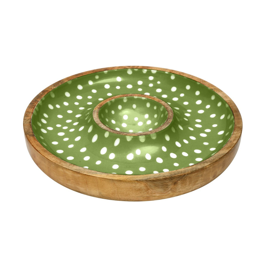Chip and dip snacks serving bowl made from sustainably sourced mango wood with a duck egg and white polka dot patterned enamelled interior.