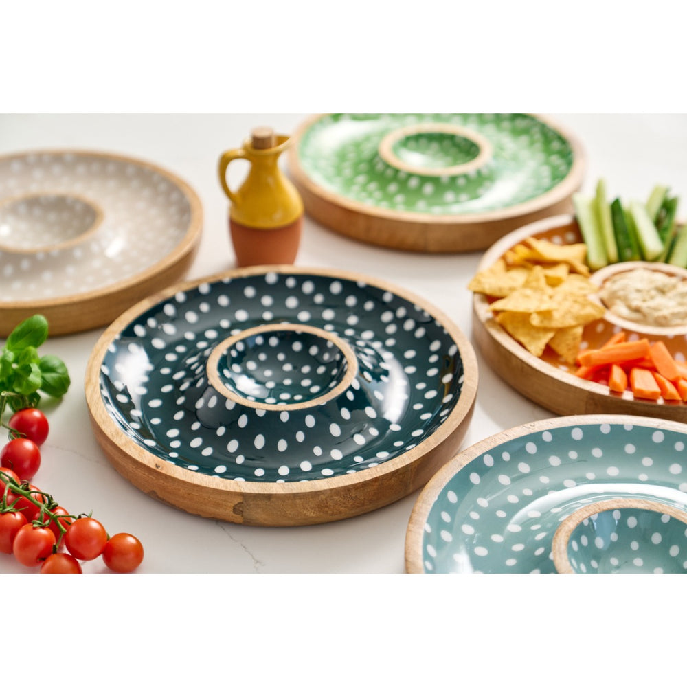  featuring a white polka dot design on the dark blue background.