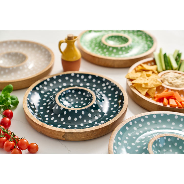  featuring a white polka dot design on the dark blue background.